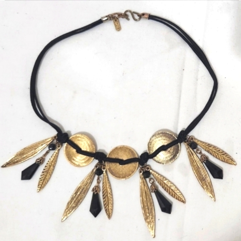 YSL (Yves Saint Laurent) crystals gold plated leaves and disc necklace
